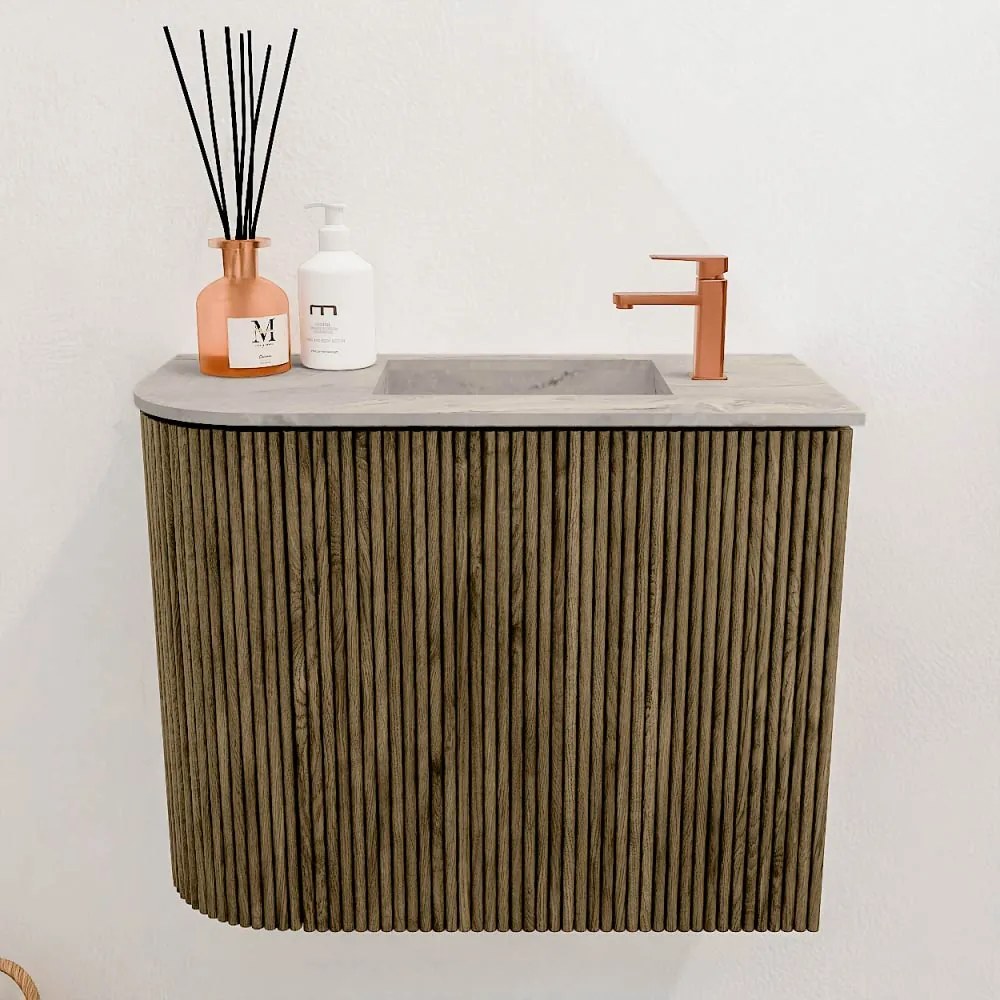 Mondiaz Joya DLux 50cm toiletmeubel ronding links dusk met wastafel faye rechts 1 kraangat glace