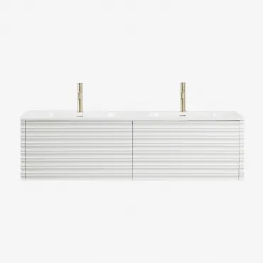 Noura Houten Badkamermeubelset Met Geïntegreerde Wastafels Wit & Spiegelloze & 2 X Goud ↑20 Cm Met Overloop Aftapventiel Orveta - Sklum