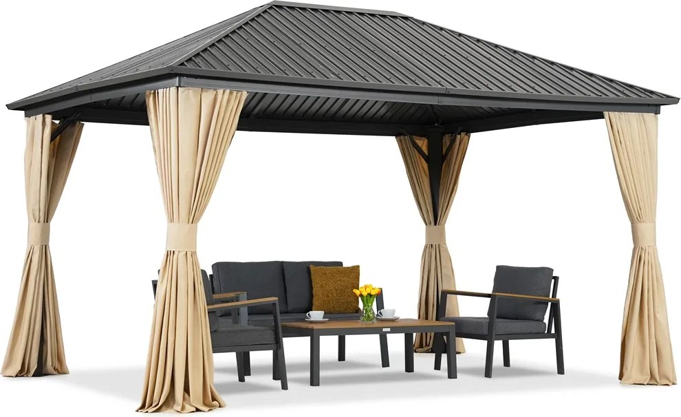 Metalen tuinhuisje Sardinië 3x6 met gordijnen Garden Point beige