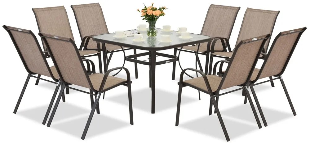 Modena bruine metalen tuinset voor 8 personen met Garden Point vierkante tafel