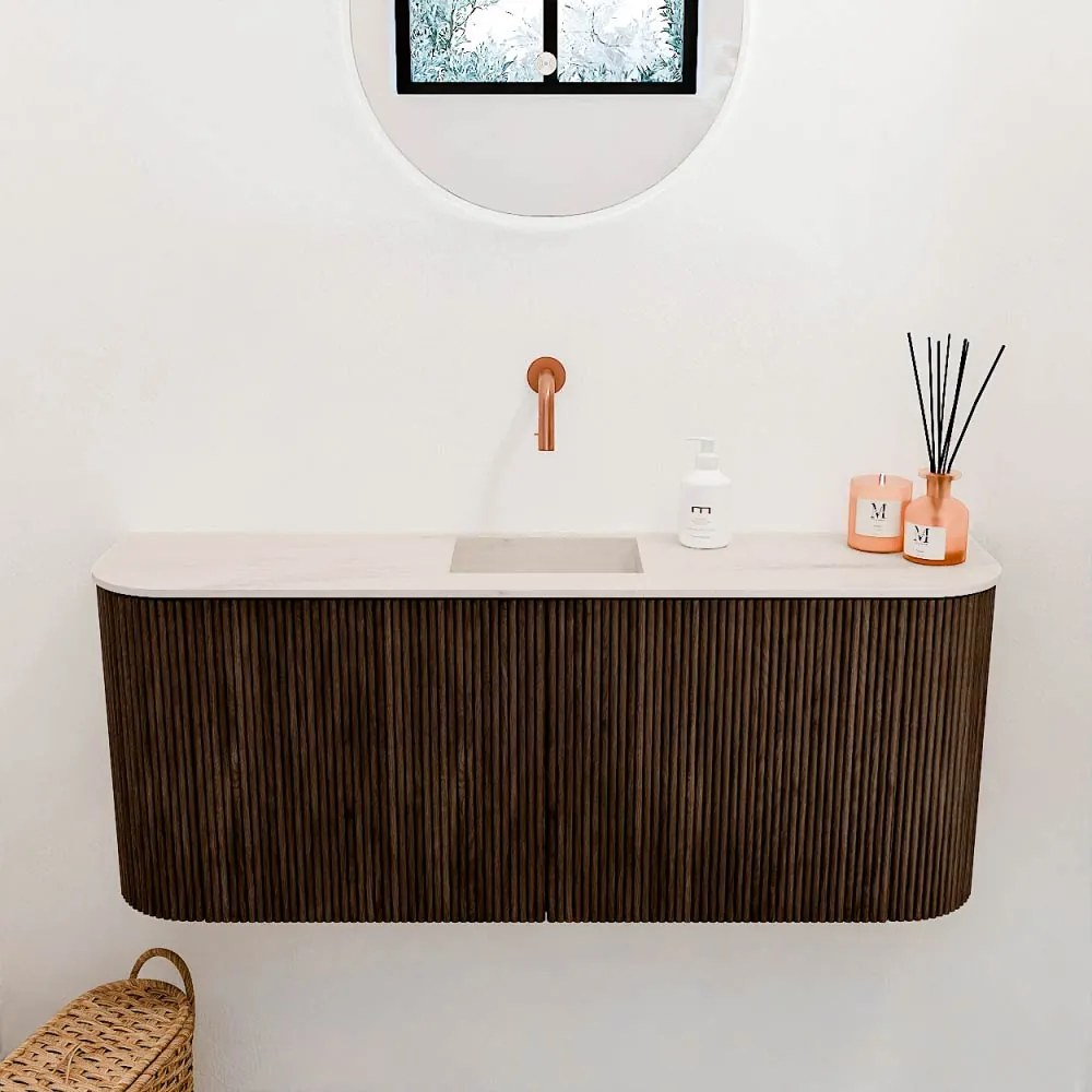 Mondiaz Joya DLux 105cm toiletmeubel ronding links/rechts walnut met wastafel faye midden zonder kraangat meli
