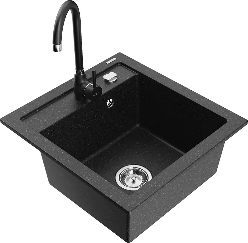 Mexen Vito granieten gootsteen 1-kompartment met keukenkraan Telma, zwart/zilver metallic - 6503-73-670200-70