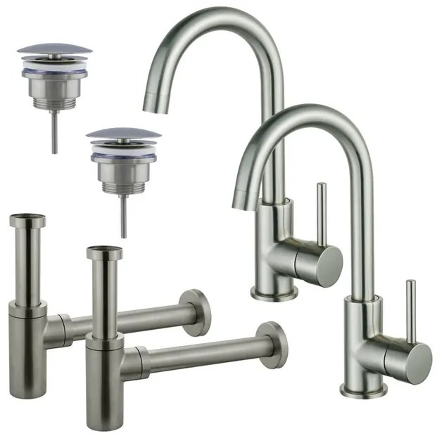 Fortifura Calvi Wastafelkraanset - voor dubbele wastafel - hoge wastafelkraan - draaibare uitloop - always open plug - design sifon - Geborsteld RVS PVD (RVS) 2x SW809348/2x SW696207/2x SW696212