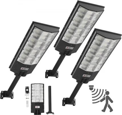 VEVOR Solar Straatverlichting 450.000LM, 8000W Straatlantaarn, Solarverlichting met Schemersensor, LED-schijnwerper met Bewegingsmelder, IP67 Waterdichte Buitenverlichting, voor Oprit &amp; Tuin, 3-pack
