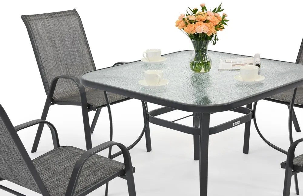 Modena metalen tuinmeubel voor 4 personen met Garden Point vierkante tafel grijs