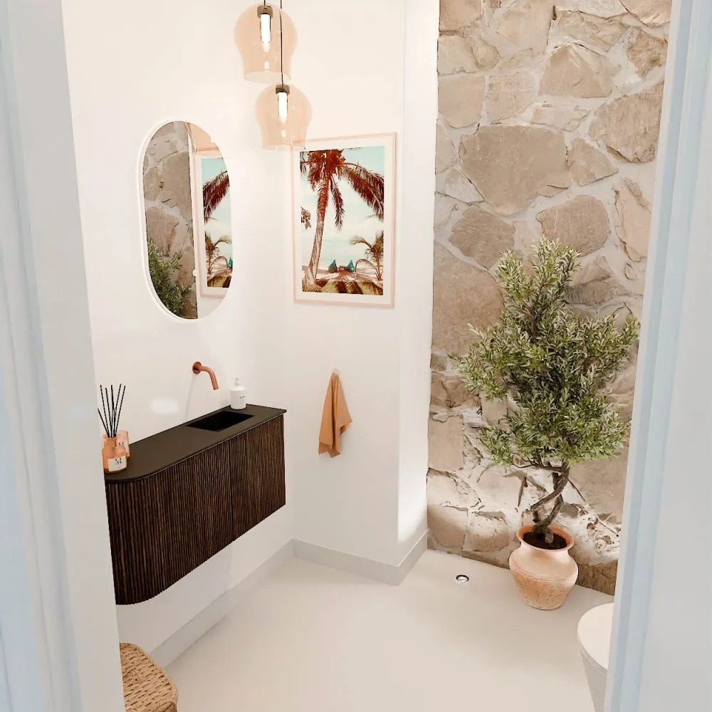 Mondiaz Joya 80cm toiletmeubel ronding links walnut met wastafel faye rechts zonder kraangat urban