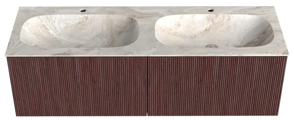 Mondiaz Kurve-dlux 140cm badmeubel ruby met 2 lades en wastafel stor small dubbel 2 kraangaten frappe