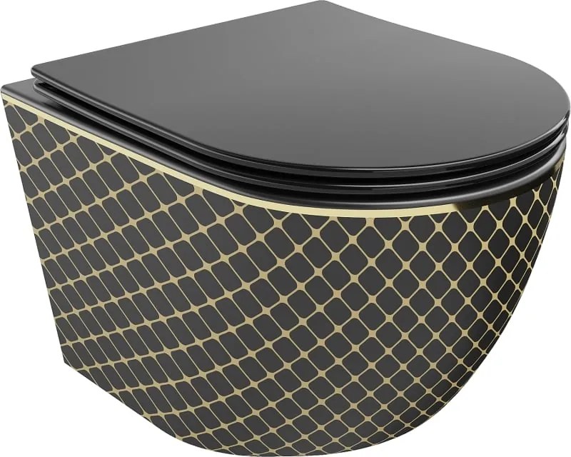 Mexen Lena wc-pot Rimless met softclose zitting slim, duroplast, zwart mat/goud ruitpatroon - 30224079