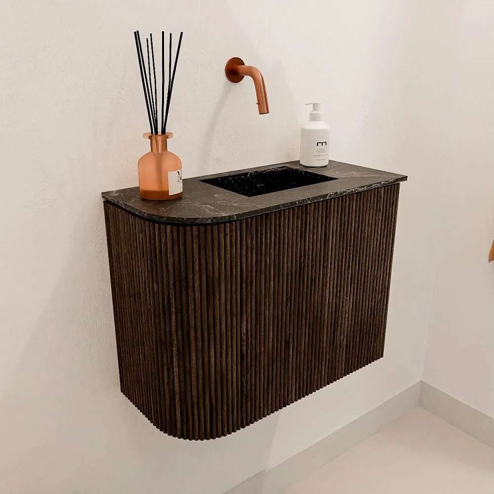 Mondiaz Joya DLux 50cm toiletmeubel ronding links walnut met wastafel faye rechts zonder kraangat lava