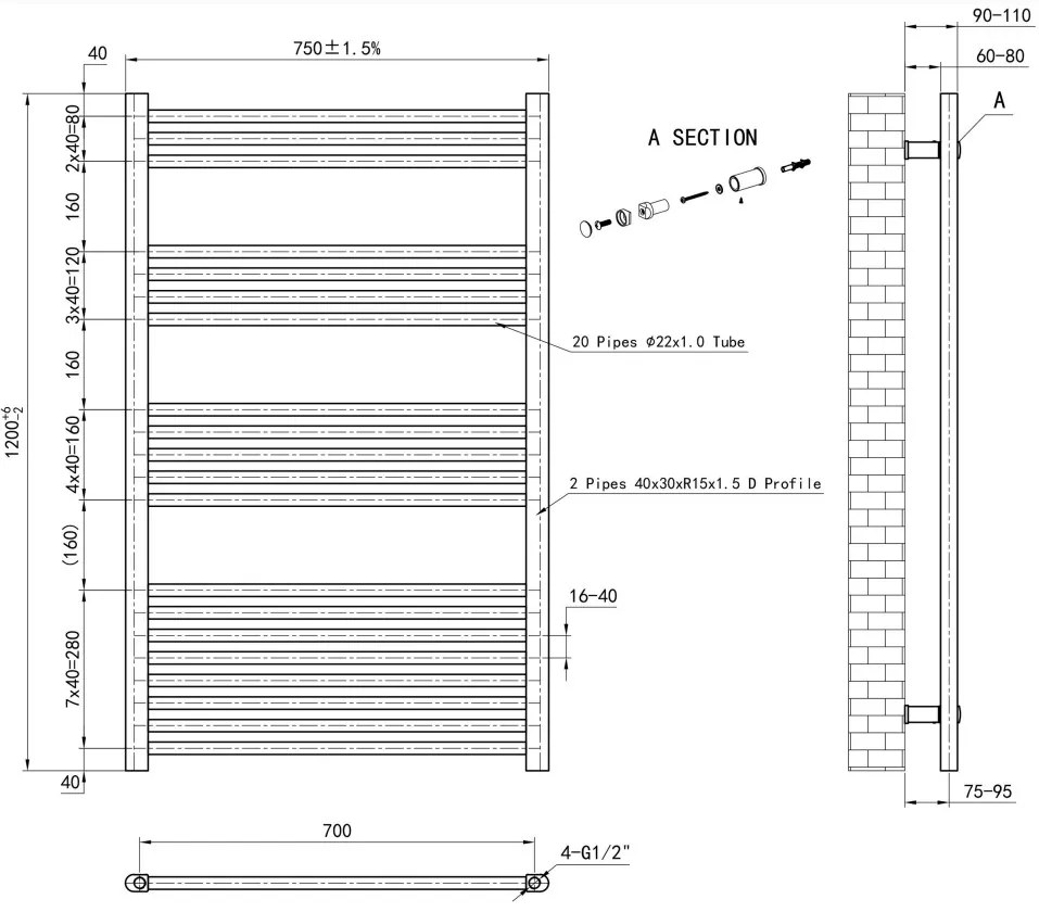 Eastbrook Wendover handdoekradiator 75x120cm 796W antraciet mat