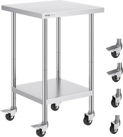 VEVOR RVS werktafel, 61 x 61 x 96,5 cm, voorbereidingstafel met 4 wielen, 3 verstelbare hoogteniveaus, werktafel voor voedselbereiding voor professionele keukens en restaurants