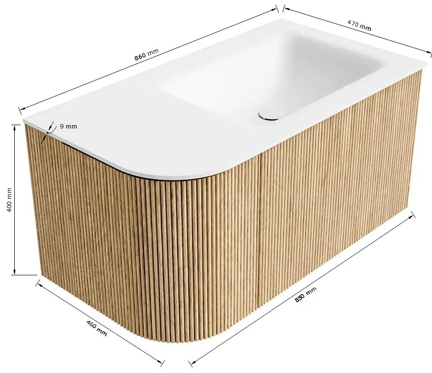 Mondiaz Kurve 85cm badmeubel ronding links dusk met 1 lade en deur en wastafel cloud rechts zonder kraangat