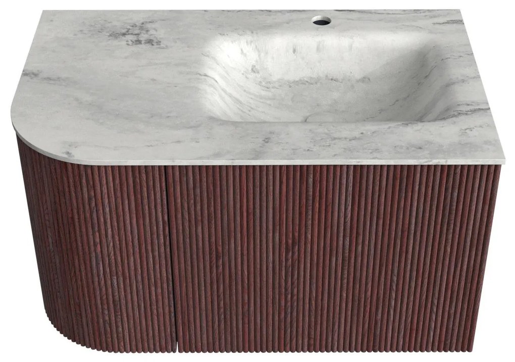 Mondiaz Kurve-dlux 75cm badmeubel ronding links ruby met 1 lade en deur en wastafel grunne kraangat rechts opalo