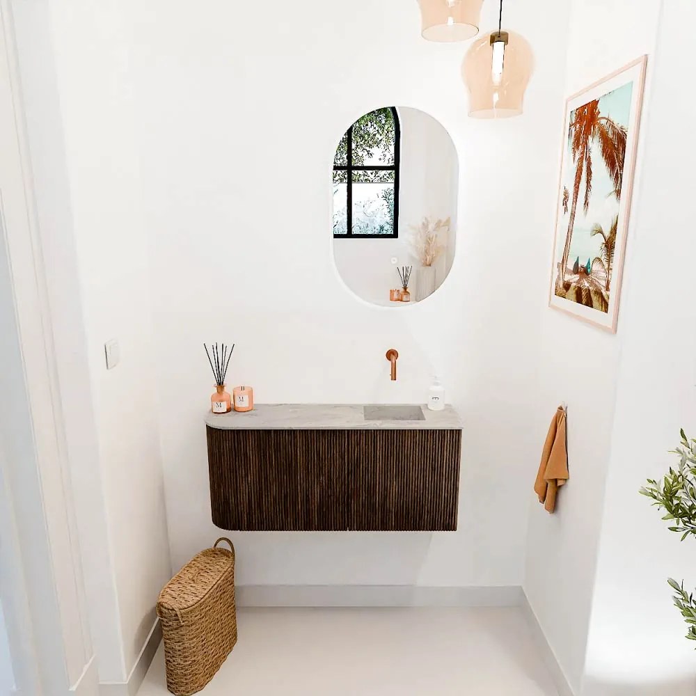 Mondiaz Joya DLux 90cm toiletmeubel ronding links walnut met wastafel faye rechts zonder kraangat glace