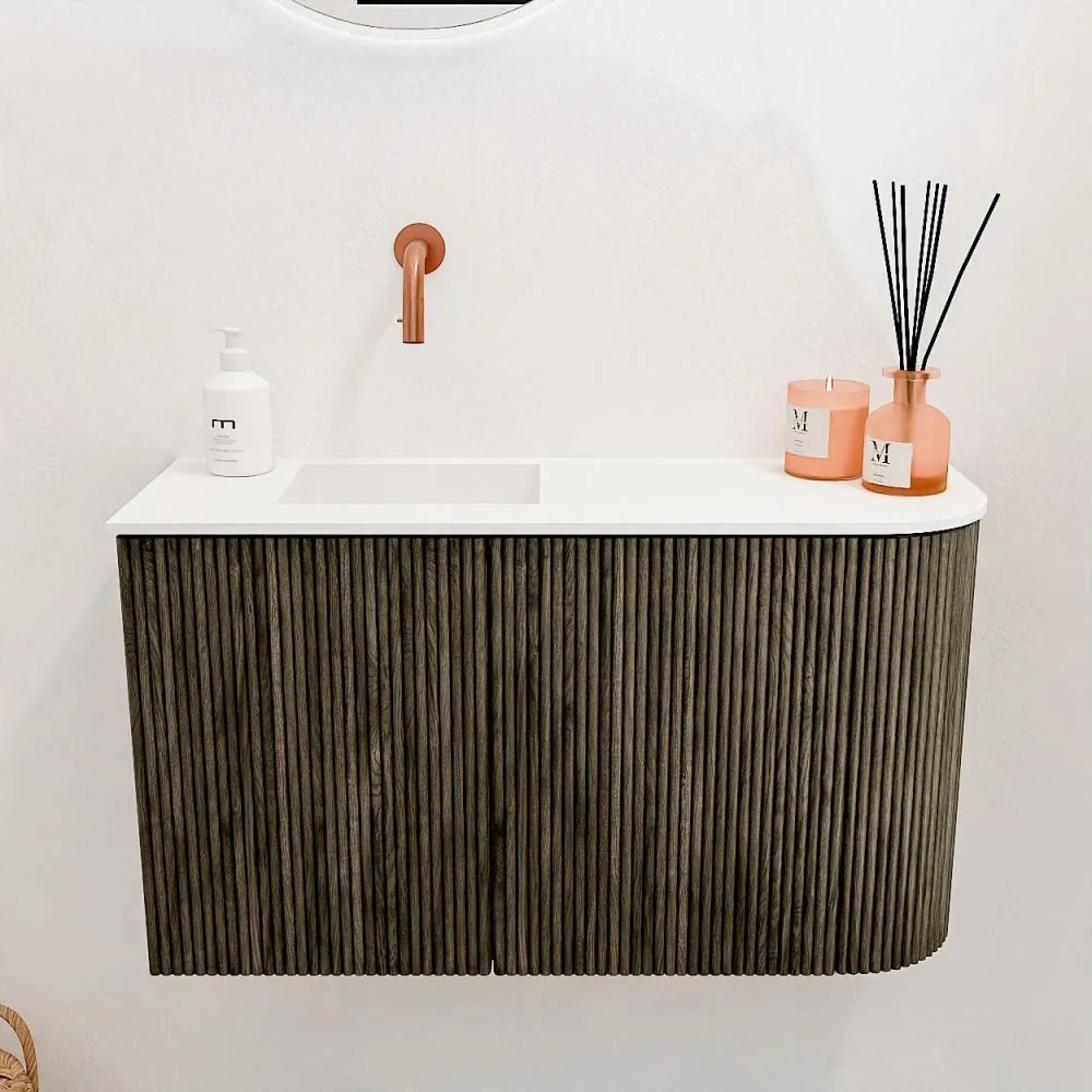 Mondiaz Joya 70cm toiletmeubel ronding rechts shadow met wastafel faye links zonder kraangat talc