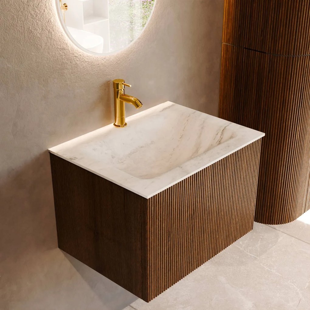 Mondiaz Kurve-dlux 60cm badmeubel dusk met 1 lade en wastafel cloud midden 1 kraangat opalo