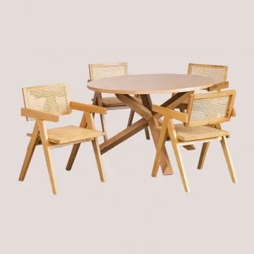 Set Van Ronde Eettafel Ø120 Cm Mieren En 4 Stoelen Met Armleuningen Van Essenhout En Rotan Lali Natuurlijk Hout - Sklum