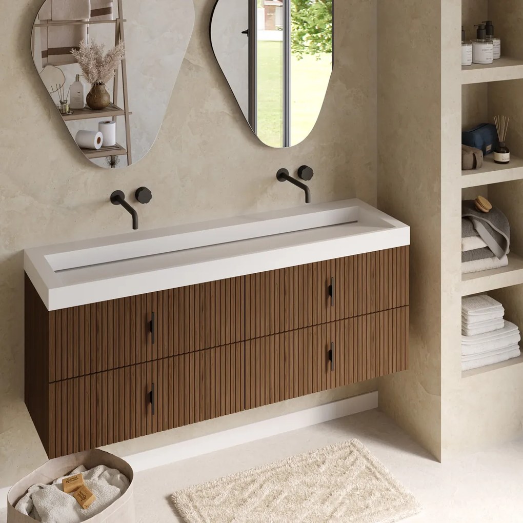 Muebles Estella badmeubel ribbelfront 160cm walnoot met solid surface wastafel zonder kraangaten