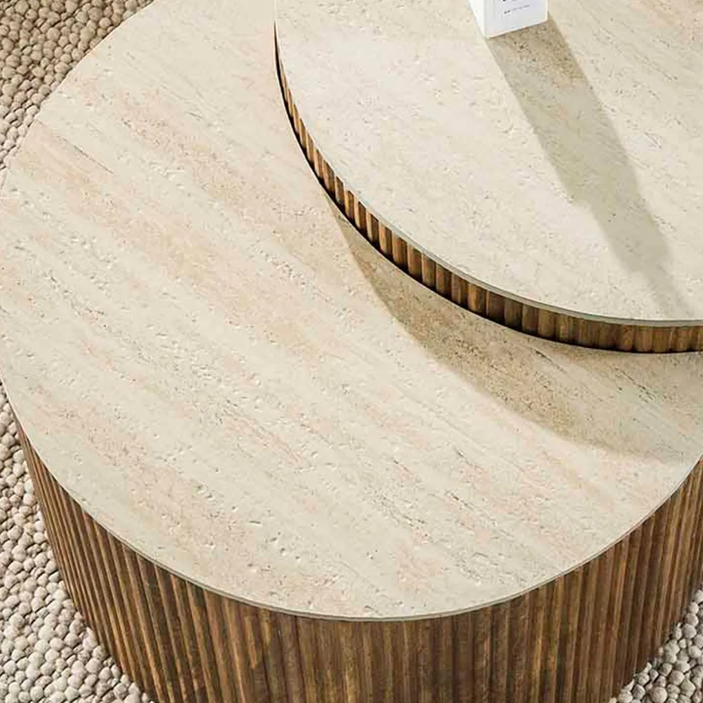 Set Salontafels Ribbelhout En Traverin - 60 X 60cm.