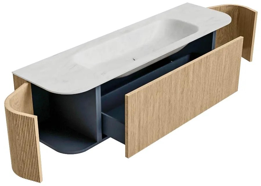 Mondiaz Kurve-dlux 160cm badmeubel ronding links/rechts oak met 1 lade en 2 deuren en wastafel big medium midden zonder kraangat opalo