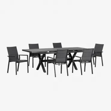 Set Van Rechthoekige Uitschuifbare Tuintafel 180-240x90 Cm En 6 Stapelbare Tuinstoelen Met Armleuningen Van Aluminium Karena Grijs – Grafiet - Sklum