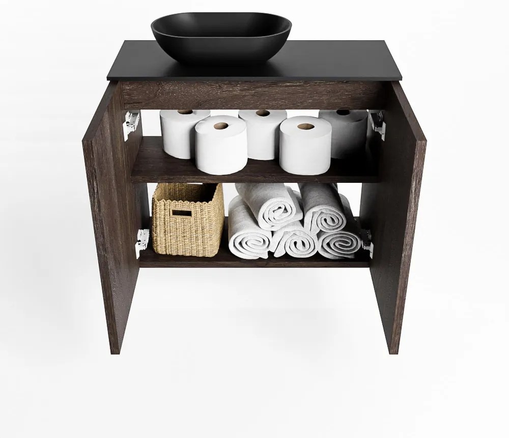 Mondiaz Fowy toiletmeubel 60cm dark brown met zwarte waskom links zonder kraangat