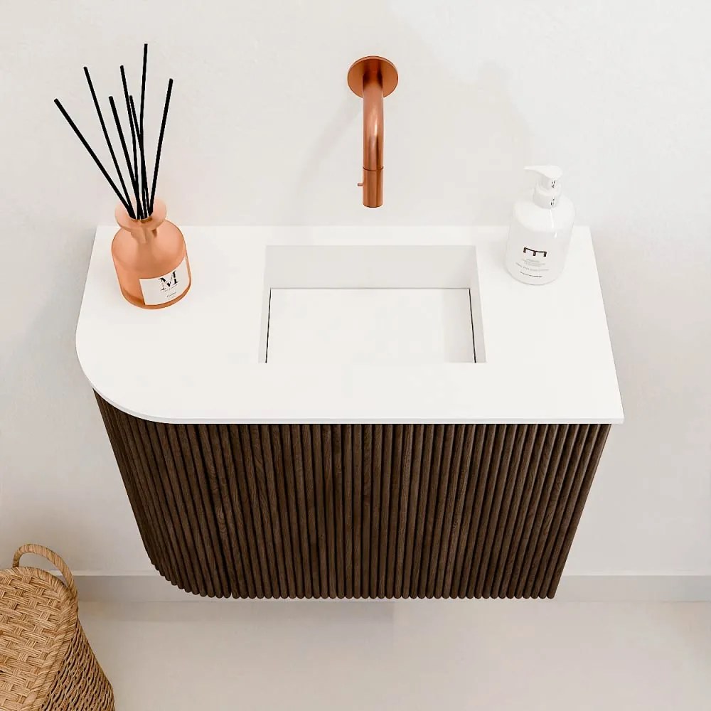 Mondiaz Joya 50cm toiletmeubel ronding links walnut met wastafel faye rechts zonder kraangat talc