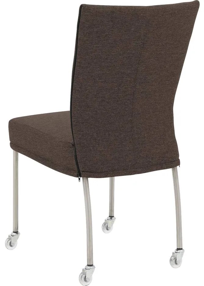 Goossens Eetkamerstoel Funk RVS Poten bruin stof leuning en Transparant skater wiel met rvs kapmet wielen, modern design