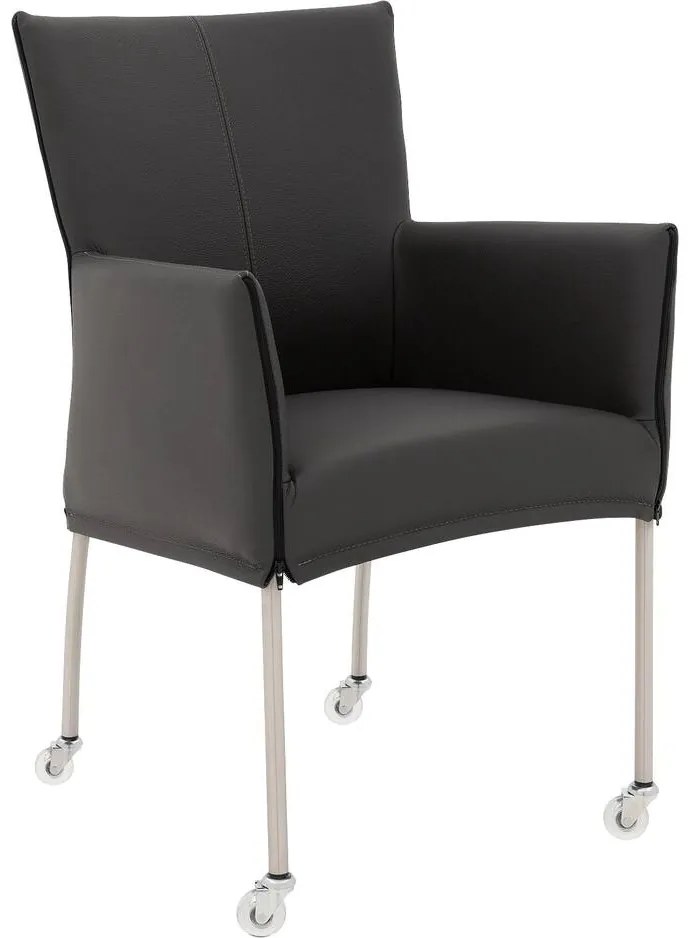 Goossens Eetkamerstoel Funk RVS Poten donkergrijs leer met armleuning en Transparant skater wiel met rvs kapmet wielen, modern design