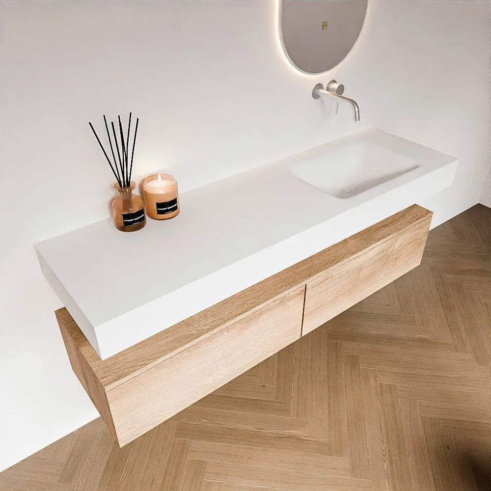 Zaro Alan badmeubel 160cm washed oak 2 lades met vrijhangende wastafel cloud rechts zonder kraangat talc
