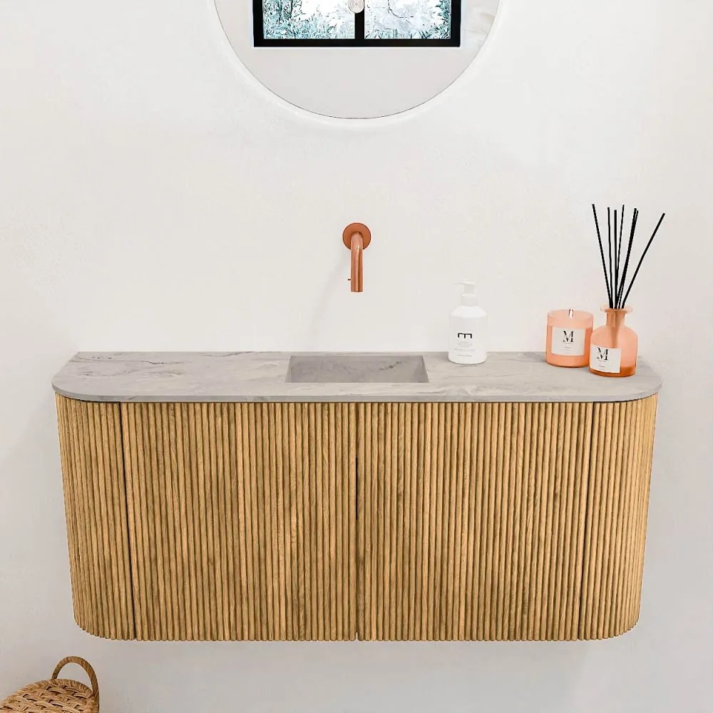 Mondiaz Joya DLux 95cm toiletmeubel ronding links/rechts oak met wastafel faye midden zonder kraangat glace