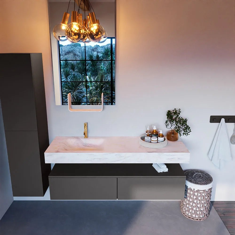 Mondiaz Alan DLux badmeubel 150cm dark grey 2 lades met wastafel ostra links 1 kraangat