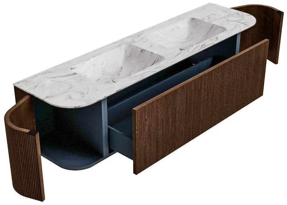 Mondiaz Kurve-dlux 170cm badmeubel ronding links/rechts walnut met 1 lade en 2 deuren en wastafel leaf dubbel zonder kraangat glace