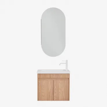 Narek Zwevend Houten Badkamermeubelset Met Geïntegreerde Wastafel Ovaal Met Opbergruimte 45x90 Cm Abner & Ash Brown & Wit ↑20 Cm Met Aftapkraan Zonder