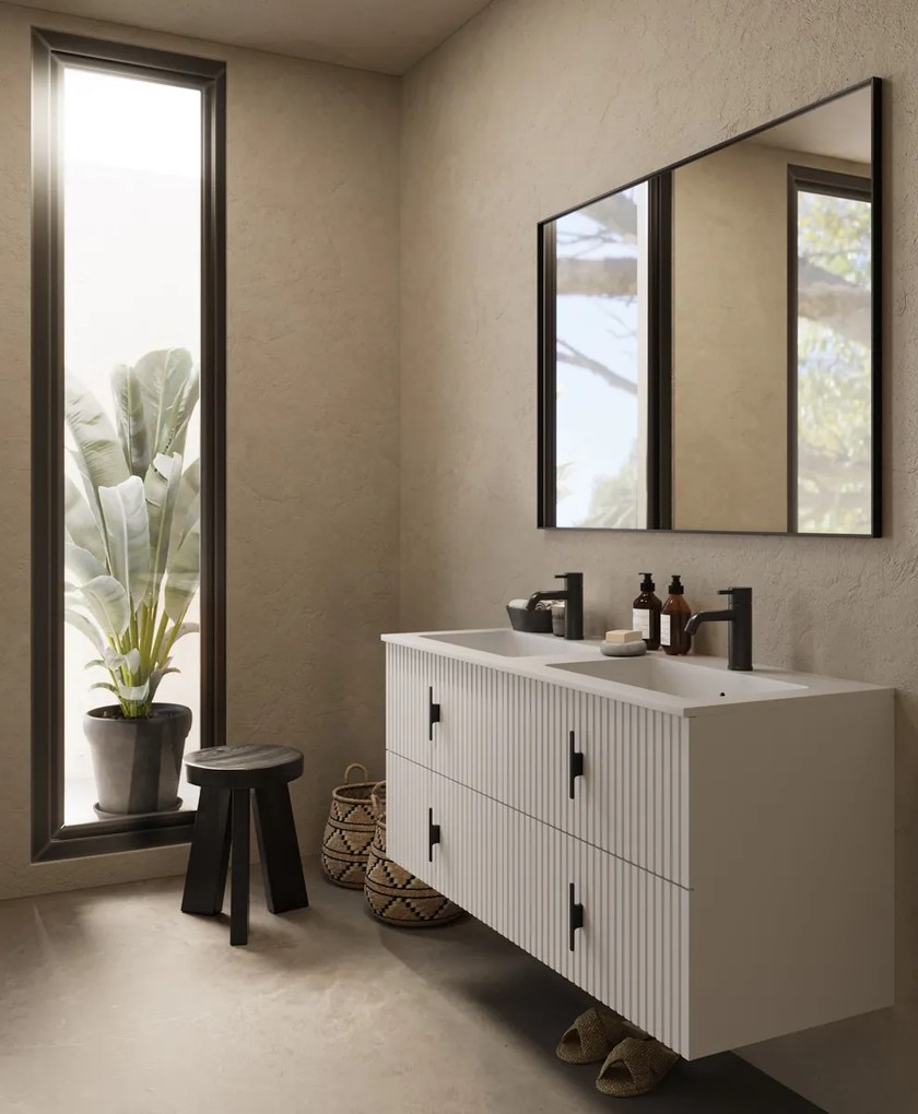 Muebles Avila badmeubel ribbelfront 120cm wit mat met dubbele wastafel met kraangaten