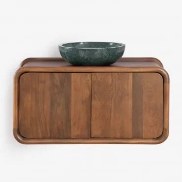 Muurhangende Badkamermeubelset 90x45 Cm Van Mangohout Maupaul Zonder Kraan & Donker Handvat Hout & Onde Groene Marmeren Udaipur Ø40 Cm Eskel - Sklum