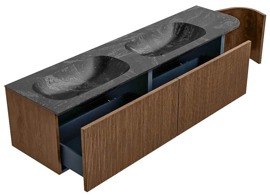 Mondiaz Kurve-dlux 175cm badmeubel ronding rechts walnut met 2 lades en 1 deur en wastafel stor small dubbel/links zonder kraangat lava