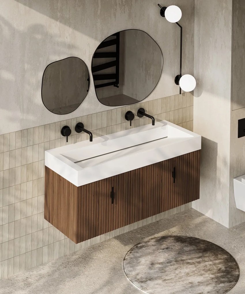 Muebles Calas badmeubel ribbelfront 120cm walnoot met solid surface wastafel zonder kraangaten