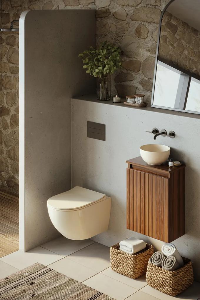 Fontana Bano toiletmeubel ribbelfront walnoot 40x22cm met waskom in licht ivoor