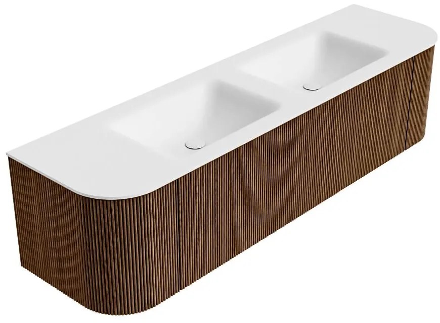 Mondiaz Kurve 170cm badmeubel ronding links/rechts walnut met 1 lade en 2 deuren en wastafel cloud dubbel zonder kraangat