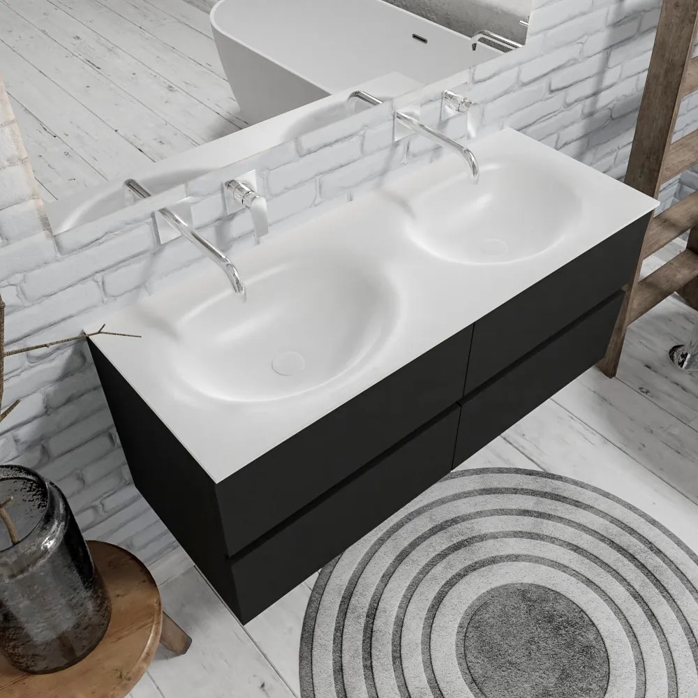 Zaro Sevilla Solid Surface badmeubel 120cm mat zwart geen kraangat met 4 lades dubbele spoelbak