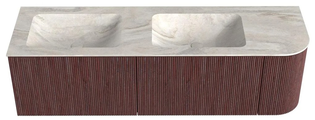Mondiaz Kurve-dlux 155cm badmeubel ronding rechts ruby met 2 lades en 1 deur en wastafel leaf dubbel/links zonder kraangat ostra