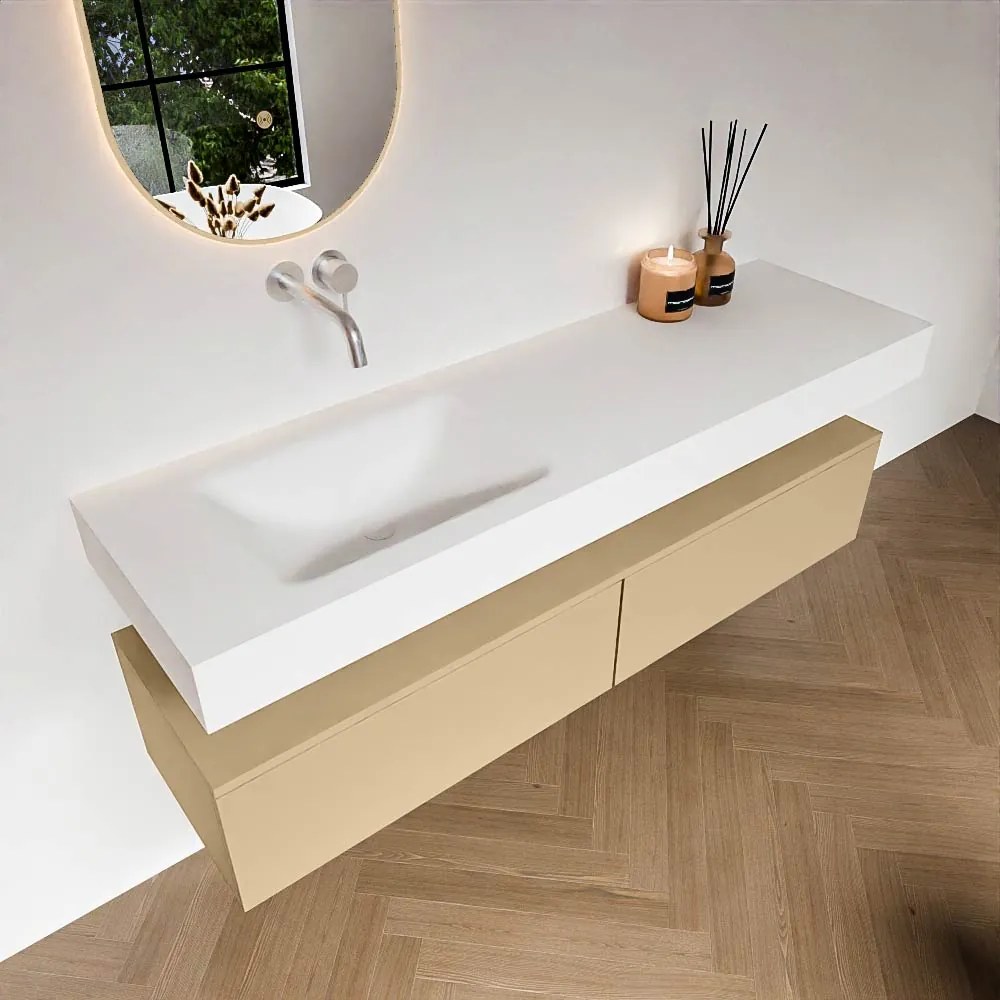 Zaro Alan badmeubel 160cm sand 2 lades met vrijhangende wastafel cloud links zonder kraangat talc