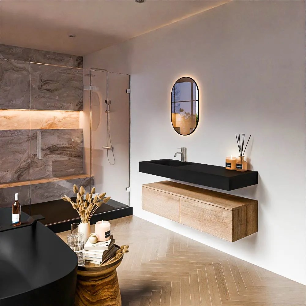 Zaro Alan badmeubel 130cm washed oak 2 lades met vrijhangende wastafel cloud links 1 kraangat urban