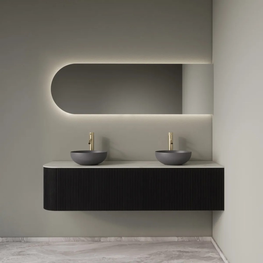 Gliss Design Alluro badmeubel ribbelfront met ronding links 160cm black en wit marmer toppaneel