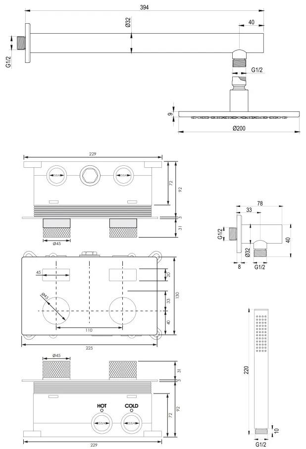 Brauer Gunmetal Carving thermostatische inbouw regendouche met staafhanddouche, rechte muurarm en hoofddouche 20cm set 49 gunmetal geborsteld PVD