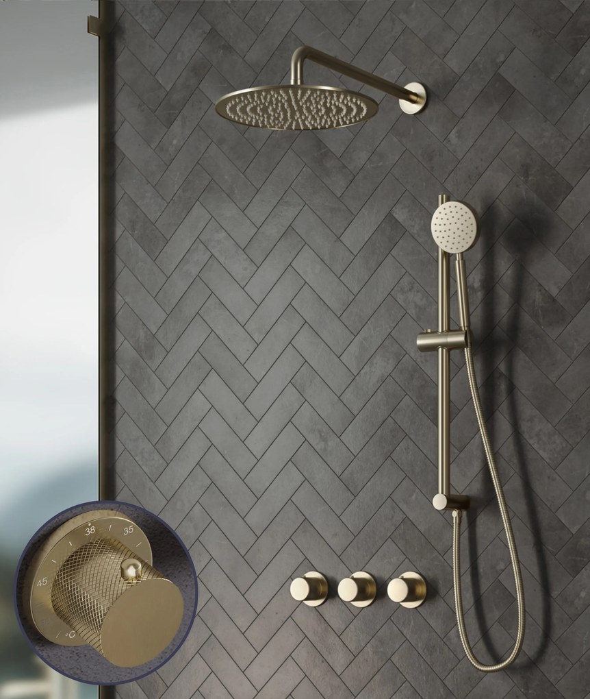 Saniclear Plus Curved inbouw regendouche met 20cm hoofddouche, muurarm en glijstang geborsteld messing - mat goud