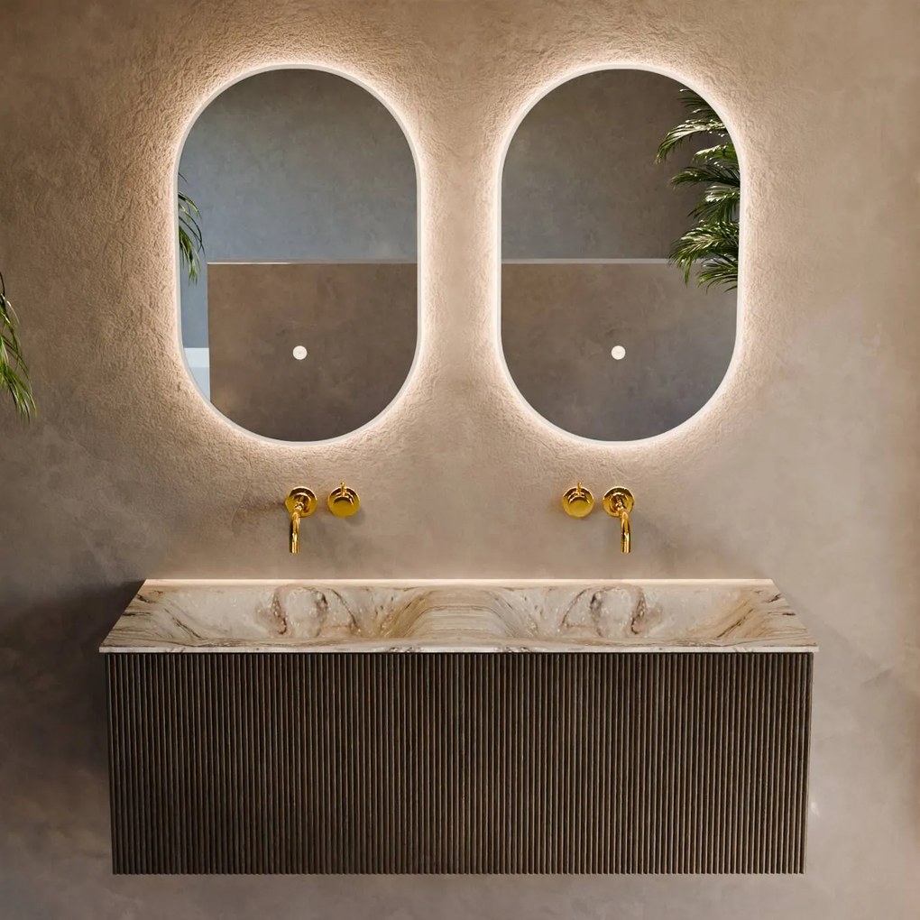 Mondiaz Kurve-dlux 120cm badmeubel shadow met 1 lade en wastafel leaf dubbel zonder kraangat glace