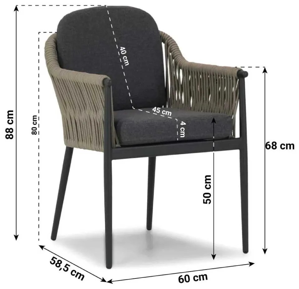 Tuinset Ronde Tuintafel 125 cm Rope Taupe 4 personen Coco Romeo/Ancona