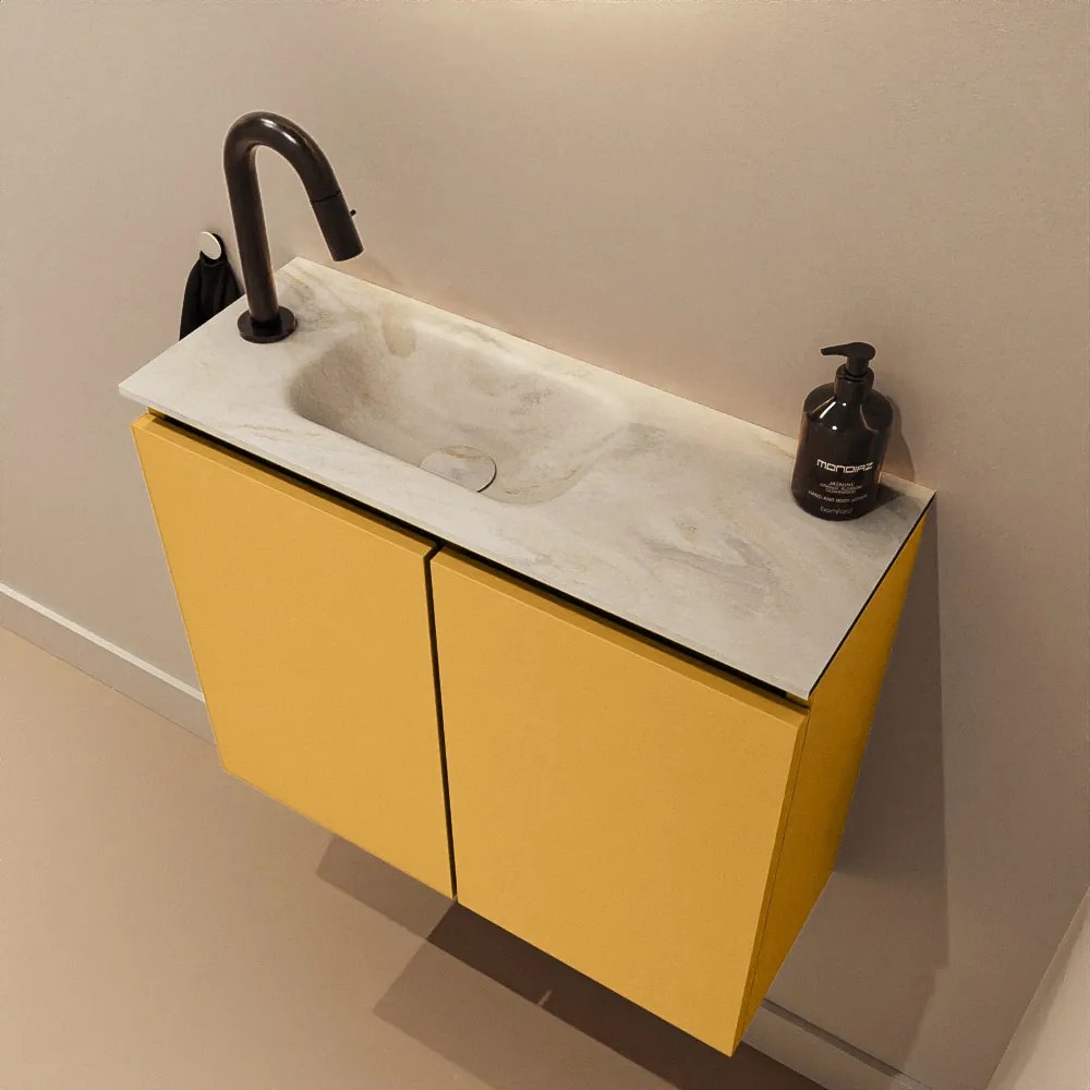 Mondiaz Ture DLux toiletmeubel 60cm ocher met wastafel ostra links met kraangat